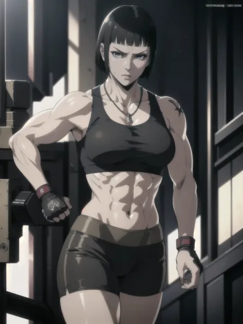 (best quality,ultra-detailed,realistic:1.37),1 girl, musclaur badass girl with sculpted body with preview her musclaur body and six-pack, full review of the female character's face and body, intense expression, strong and confident posture, studio lighting...