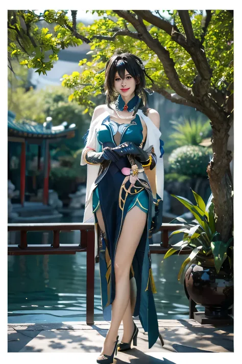 best quality, masterpiece, photorealistic, 1girl, solo, standing, full body, looking at viewer, smile, closed mouth, bangs, hair between eyes, ruanmei cosplay costume, china dress, chinese clothes, cosplay, ruanmei, dress, gloves, elbow gloves, hair orname...