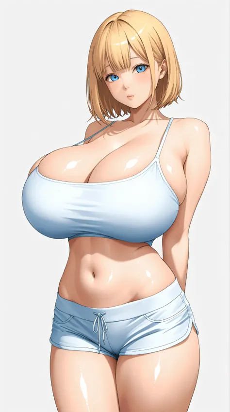 cute girl . Very kawaii , round face . alone , Slim , huge breasts , short and small . shiny skin . tight white crop top . shorts . dynamic poses . dynamic angle . No background , White background , looking at viewer, 