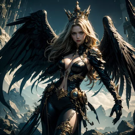  top quality,  HD, Masterpiece,16k, Unbelievably Absurd, very detailed,Extremely dynamic movement, The Queen Who Fallen into Darkness ,,Rin々A funny expression,I am following many dark soldiers,Wings with a jet black presence,Unleash the dark magic, REALIST...