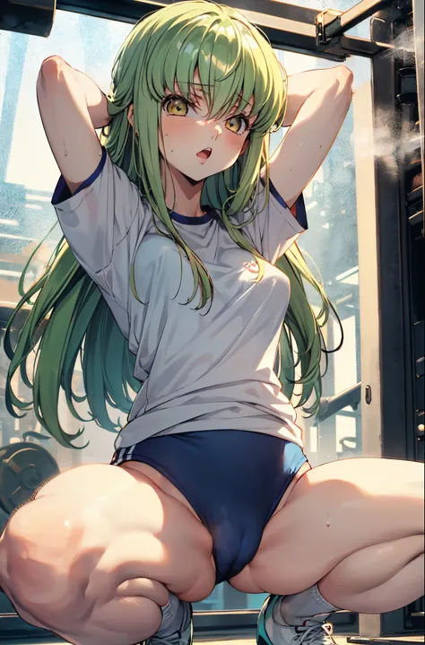 (masterpiece, best quality),  intricate details,
1girl, cc_codegeass, hair between eyes, very long hair,(white gym shirt, short sleeve,gym uniform,dark blue buruma:1.3),(cameltoe),(squatting,open legs,arms behind head),sweat,open mouth, drivel, be breathle...