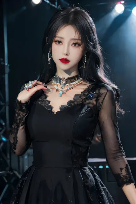 8k, masterpiece, 1 girl, beautiful face, white skin, very long hair, light makeup, detailed eyes, detailed lips, small breasts tight, realistic detailed, very detailed dress, princess dress, (black dress:1.2), (wearing jewellery:1.5), (lace:1.4), ((stage b...