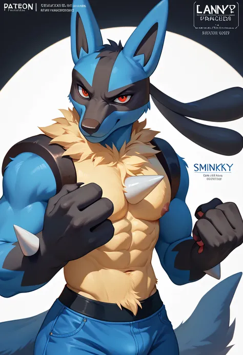 Cover_page, highres, top quality, best quality, high-quality illustrations, male, furry, anthro, Lucario, Lanky, Humanoid, yellow fur, Blue and Black, red eyes, Blue head Long, pointed ears, Black marking on the face, Black arms and legs, spike on the ches...