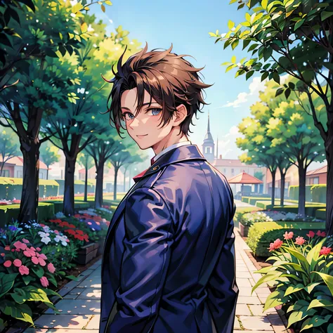  anime moe art style, top quality, high resolution, anatomically correct,Mid twenties, Super Detail,One adult man ,A rich expression, gentle smile, handsome, dark hair,Spiky hair,Spiked Hair,Blue Long Coat ,garden, Focus on the Upper Body , looking back,80