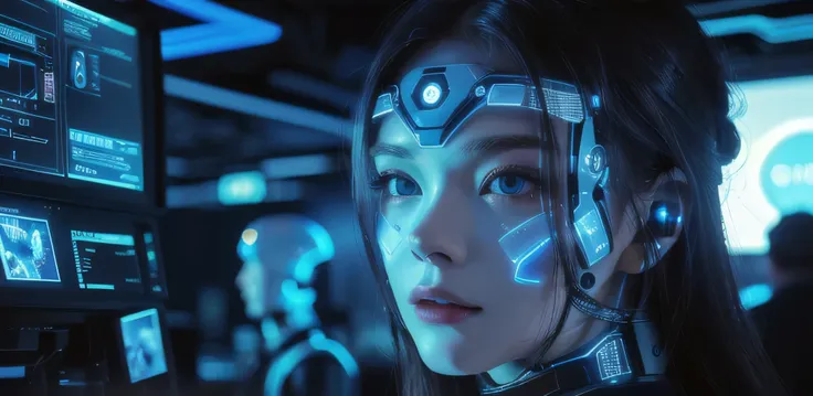 a woman with a futuristic face and head in front of a computer screen, elle fanning as an android, blue holographic face, cybernetic machine female face, integrated synthetic android, detailed face of an android, beautiful cyberpunk girl face, beutiful whi...