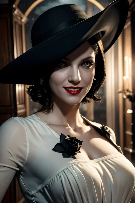 Resident Evil 8,Madame Dumitrescu,Short Hair,Pure white skin,Golden eyes,tall,White long dress,Black hat, black rose brooch,Photorealistic,Ultra HD,high quality,masterpiece,Digital SLR,Detailed details,Intricate details,Anatomical basis,Depicted in detail,...