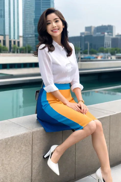 (colorful collared shirt )、( Midi Skirt:1.2) 、 full body portrait、( silk pantyhose )、 sitting indoors in POV、 Beautiful Legs and High Heels .、 in the seat、 PERFECT BODY, 2 Well-balanced Legs 、  perfect hands, ( perfect face,  perfect eyes),  accurate,( per...