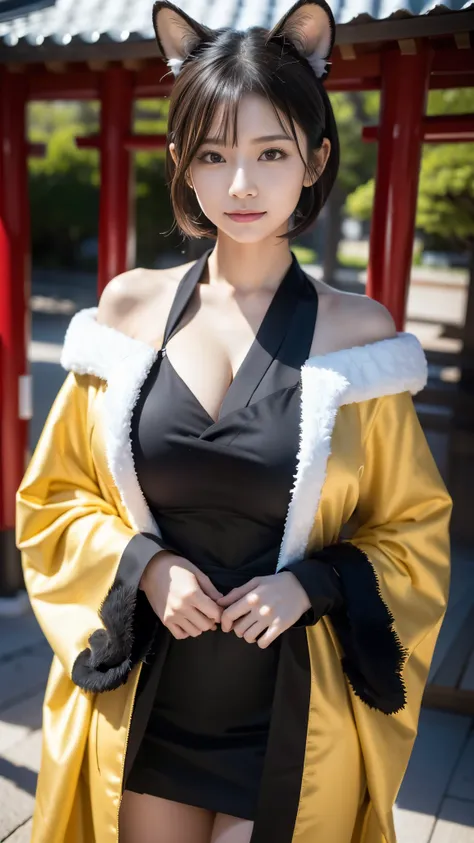  top quality, Masterpiece, ultra high resolution, High Definition RAW Color Photos , pro pics, natural skin texture, fine skin, hyperrealism, Ultra-Fine,16k,(gigantic breasts),Japan,(((煌びやかなJapanの着物,floral long sleeve kimono,right color花柄振袖,white fur shawl...