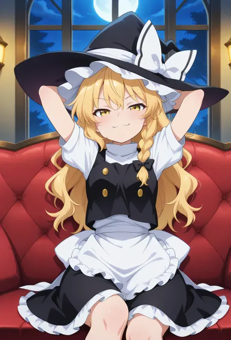 absurdres, highres, masterpiece, best quality, amazing quality, official anime artwork, screencap, anime screencap, night, dark, midnight, indoors, shadows, BREAK, kirisame marisa, 1girl, blonde hair, yellow eyes, single braid, (witch hat), hair bow, black...