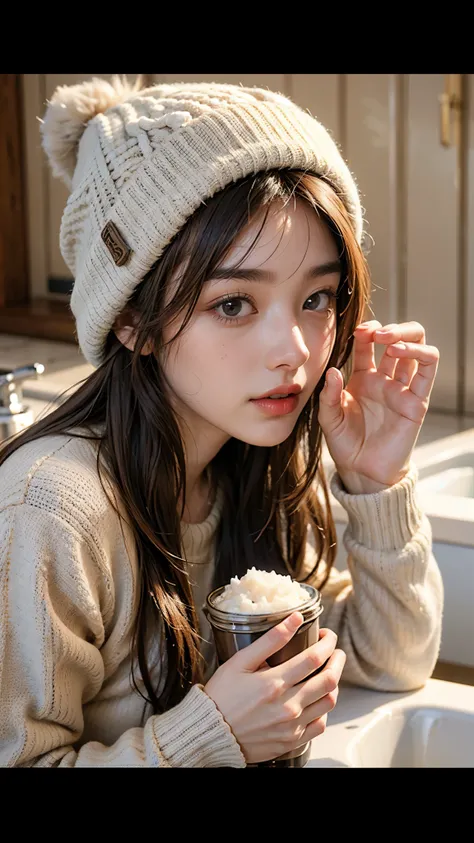 Ultra HD 4K, masterpiece,((Detailed Beautiful Skin ,)), brown long hair,Grey knit hat, sink、