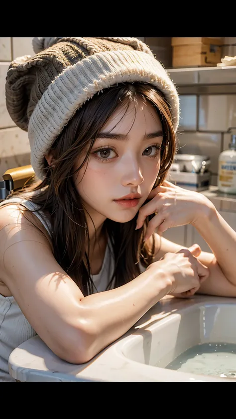 Ultra HD 4K, masterpiece,((Detailed Beautiful Skin ,)), brown long hair,Grey knit hat,(( sink:1.3))、Cheek resting on hand,