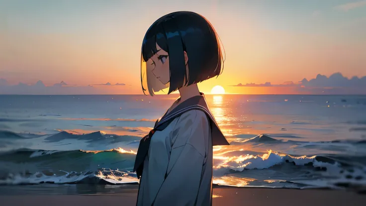 (( top quality)), (( Masterpiece)), (( very detailed) Hair、 bob cut、 sailor uniform、Girl looking down、 sad profile 、Sun rising over the horizon、dawn、sea