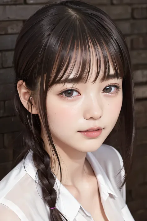 (8k, RAW photo, photorealistic:1.25) ,( lip gloss, eyelashes, Shiny surface, Glossy Skin, best quality, ultra highres, allows depth of field, naked shirt, short two braids hair, Color Difference , caustics, blow lighting , Natural Shading, kpop id...