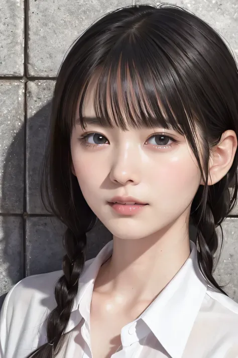 (8k, RAW photo, photorealistic:1.25), (short two braids hair, wet hair:1.5), (lip gloss, eyelashes, Shiny surface, Glossy Skin, best quality, ultra highres, allows depth of field, naked shirt, Color Difference , caustics, blow lighting , Natural Sha...