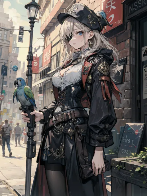 earring, narrow waist, black hair, large breasts, sweat, outdoor, cowboy shot, Practical pirate clothing, Long-sleeved pirate top, Skirt, pirate hat, coat, corset, black cape, revolver gun, parrot, half eyepatch,