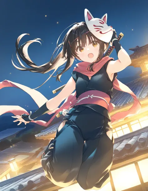 1girl, little female, ninja, fox mask, night, rooftop, wind, jumping, game CG, break,(artist:mitsumi_misato),artist:fujiyama,artist:kokonoka, break,(masterpiece), (best quality), (ultra-detailed),(Detailed Lighting), very aesthetic, newest, inematic lighti...