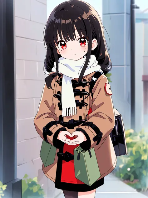 (one girl wearing a light brown duffel coat and wrap a white  scarf :1.2),

(shiny pitch black hair:1.3),long straight hair,
(puff out cheeks:1.2),
red eyes,(slanted eyes:1.1),(There is one large mole under his left eye.:0.9),
chuckle,

 (medium breasts:1....