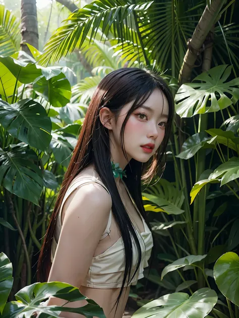 there are two people standing in a jungle with plants, artwork in the style of guweiz, inspired by Yanjun Cheng, in a tropical forest, by Yang J, in the art style of bowater, 🌺 cgsociety, loish and ross tran, in a jungle, by Ni Tian, by Ryan Yee, loish and...