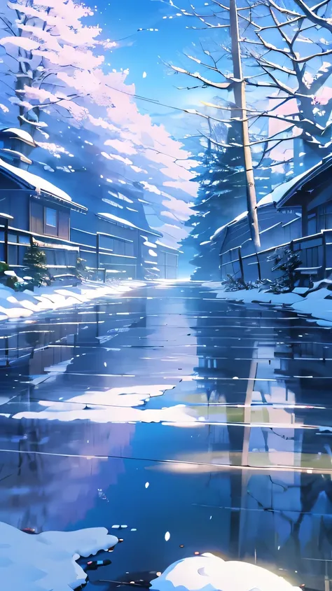 Create a high-resolution anime wallpaper suitable for an iPhone, capturing a serene and picturesque snowy winter landscape. The scene should depict a lone character sitting on a snow-covered hill, gazing into a peaceful, snow-blanketed valley surrounded by...