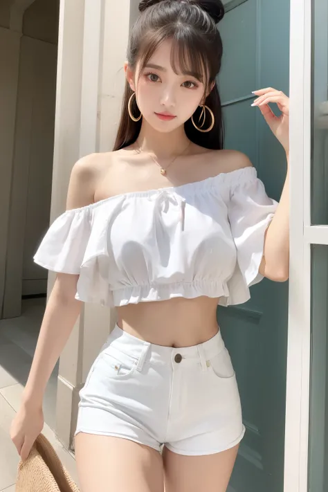  Young Japanese Women　 ponytail　 white ribbon　 hotpants　off shoulder　Crop top outfit　front