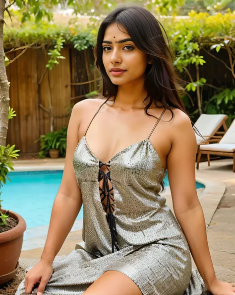 A beautiful realistic indian girl with seductive facial expressions wearing a beautiful dress