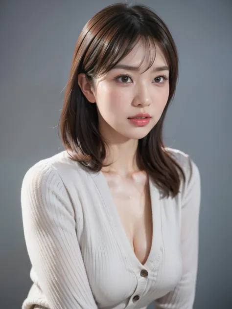 High resolution, masterpiece, Irritated skin, Very detailed, Photorealistic, Professional Lighting, Written boundary depth, sharp, (Gray background), (Front view：1.2),(Japanese Mature, 38 year old women are sexy:1.0), Detailed face, Beautiful Eyes, bangs, ...