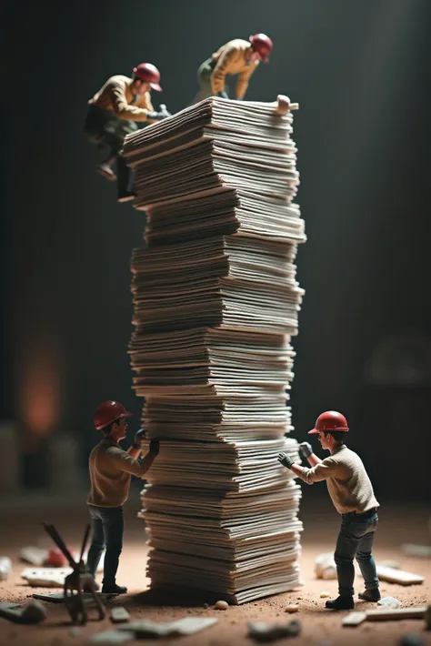 A group of tiny workers stacking playing cards like construction blocks, carefully arranging them into a perfect tower. One worker measures the thickness, while another adjusts pieces with tweezers. Ultra-detailed, cinematic lighting.