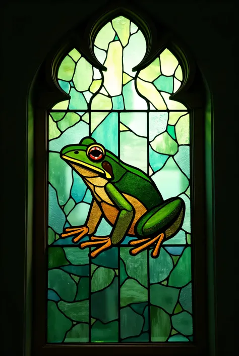 a close up of a framed picture of a frog on a  Stained Glass window,  Stained Glass art,  Stained Glass style, Frogs-themed, glowing  Stained Glass backdrop, backlit  Stained Glass, gothic  Stained Glass style, green  Stained Glass,  Stained Glass,  Staine...