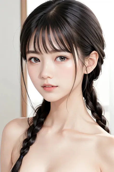 (8k,  RAW photo,  photorealistic:1.25) ,(  lip gloss,  eyelashes, Shiny surface, Glossy Skin,  best quality, ultra highres,  allows depth of field, naked, nude,  short two braids hair, Color Difference ,  caustics,  blow lighting , Natural Shading,  kpop i...