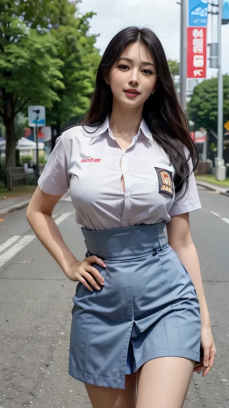 (best quality,4k,highres),ultra-detailed,realistic, Monica Bellucci, (uniform), standing, outdoors, (ultra wide angle shot: 1.4), beautiful scenery, cosplay,student uniform,beauty woman,big breast, smile,vivid colors,portraits,soft lighting