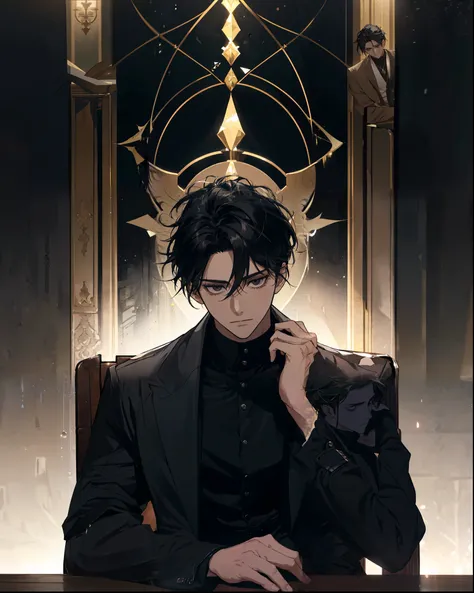 , a man sitting in the dark, surrounded by an aura of mystery and secrecy, sitting firmly on a dark chair that reflects the strength that his features do not show . . His black hair falls untidy over his forehead, but the black eyes, shining like precious ...