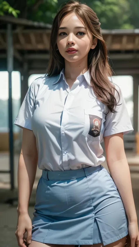 Jennifer Lawrence, solo, (uniform), standing, outdoors, (ultra wide angle shot: 1.4), beautiful scenery, detailed face, seductive smile, detailed eyes, thick breasts, smooth skin, tight white shirt, grey blue short skirt, looking at the audience, low angle...