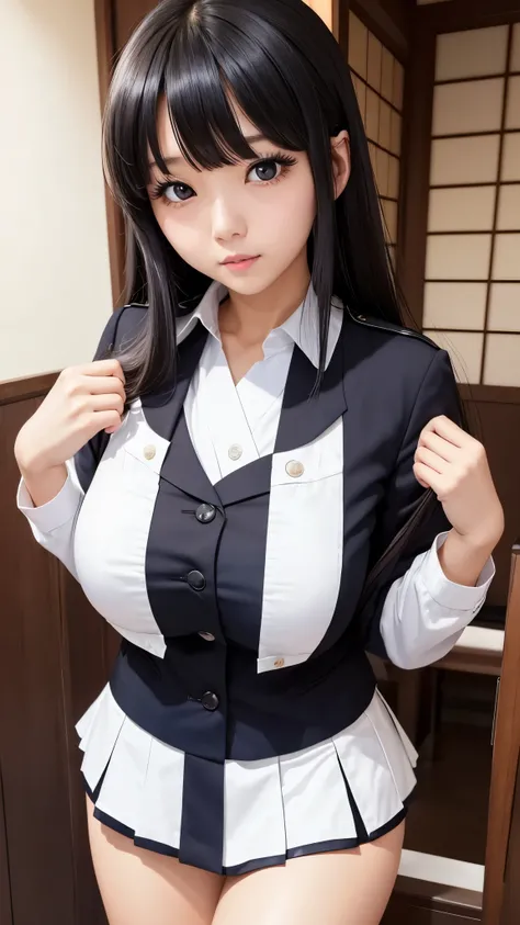  Japanese women、Beautiful breasts、black髪、Heavy bangs、blackい瞳、 miniskirt、Navy Uniform、white、black、red、