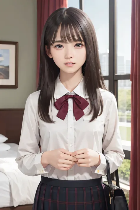  (8k, RAW photo, photorealistic:1.25), idol reproduced without any sense of incongruity ,  straight hair, slim body , bust up , naked shirt, school uniform,  as shown in the picture , (indoor, dark background, hotel bedroom), crying