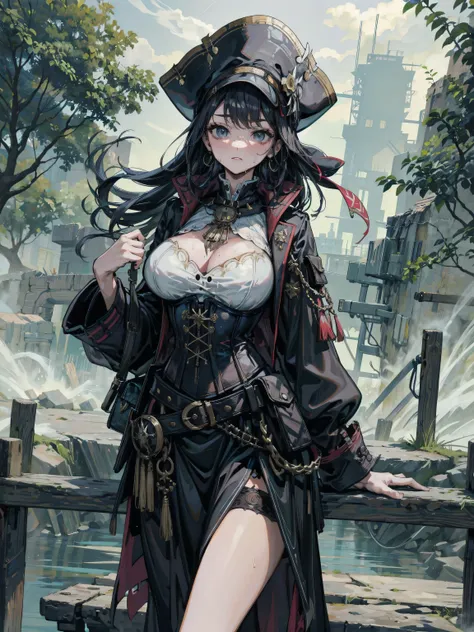 earring, narrow waist, black hair, large breasts, sweat, outdoor, cowboy shot, Practical pirate clothing, Long-sleeved pirate top, Skirt, pirate hat, corset, black cape, 