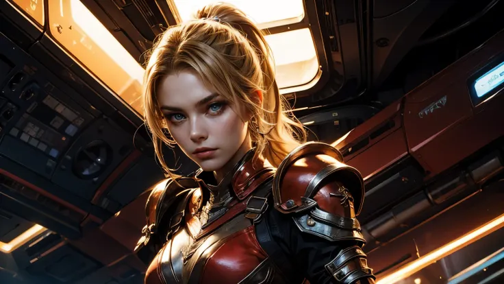 A beautiful woman. Blonde hair and blue eyes. She has her hair tied in a ponytail.Twenty years old. facial details. She is looking at the camera with a defiant expression. She wears tight red armor. She's in a spaceship.
