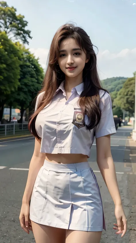 (best quality,4k,highres),ultra-detailed,realistic, Disha Patani, (uniform), standing, outdoors, (ultra wide angle shot: 1.4), beautiful scenery, cosplay,student uniform,beauty woman,big breast, smile,vivid colors,portraits,soft lighting