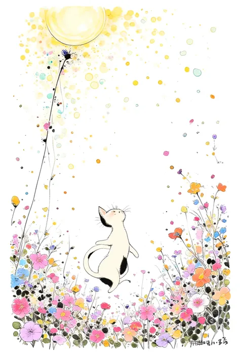  white background、 SIMPLE 、A ball of light dances 、 Flowers Dance  、Crumbling Petals  、Moonlight and Moonrainbow 、((Cat Dance:1.4))、  Rain of Petals Pours  、moebiusの絵画からインスパイアされたイラストレーション、、an ink drawing inspired by jean moebius giraud, Tumbler,    boltici...