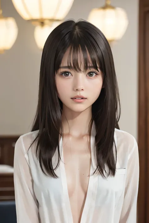  (8k, RAW photo, photorealistic:1.25), idol reproduced without any sense of incongruity ,  straight hair, slim body , bust up, (cleavage, naked shirt, school uniform, open shirt), as shown in the picture , (indoor, dark background, hotel bedroom), crying