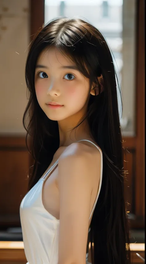 (masterpiece), realistic, (portrait of a girl), beautiful face, sunlight, cinematic light, bangs, a beautiful woman, beautiful eyes, black hair, perfect anatomy, very cute, princess eyes , (black eyes) , (frame the head), Centered image, stylized, biolumin...