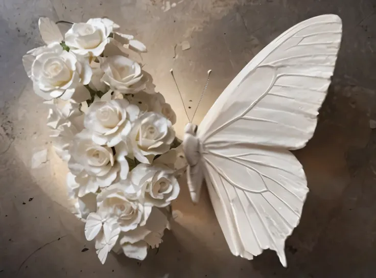 White gypsum butterfly-like wings are flowers，Plaster texture