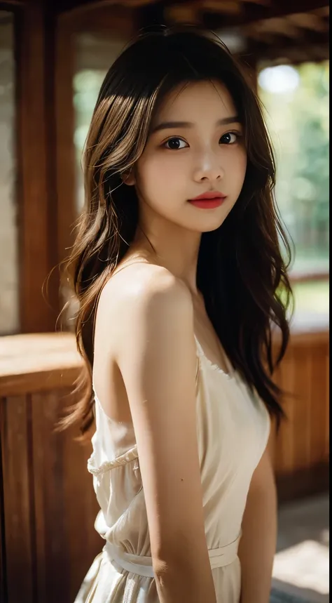 film portrait photography, 1girl, bare shoulders, wavy shoulder-length hair, serene, calm, (realistic detailed eyes, natural skin texture, realistic face details), soft dramatic lighting, depth of field, bokeh, vibrant details, finely detailed, hyperrealis...