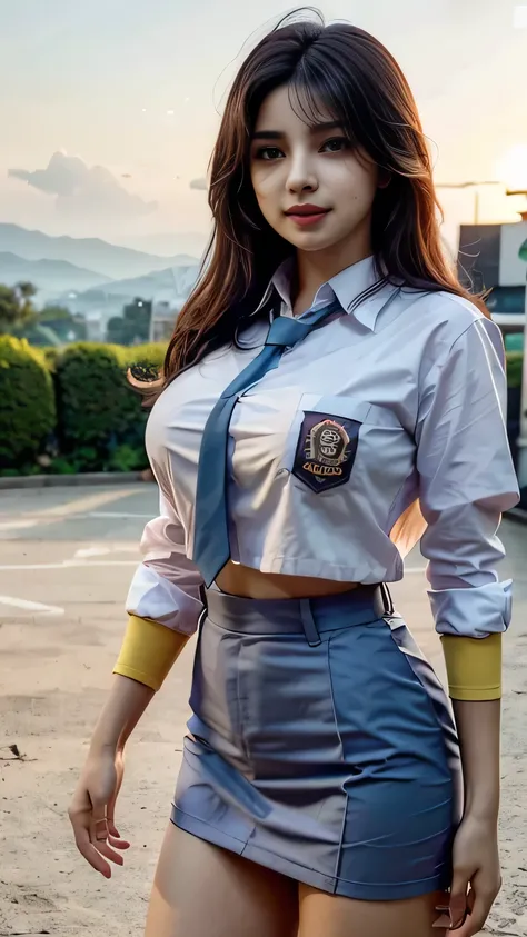 (best quality,4k,highres),ultra-detailed,realistic, Priyanka Chopra, (uniform), standing, outdoors, (ultra wide angle shot: 1.4), beautiful scenery, cosplay,student uniform,beauty woman,big breast, smile,vivid colors,portraits,soft lighting