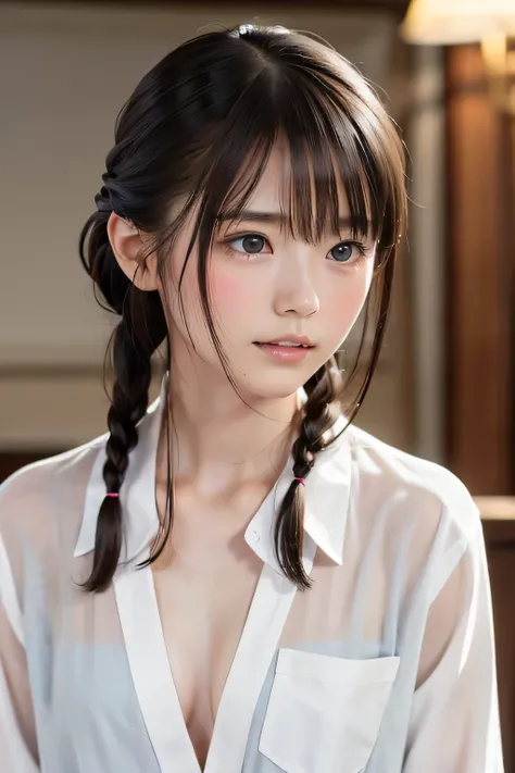  (8k, RAW photo, photorealistic:1.4), (junior idol reproduced without any sense of incongruity, two braids hair, short hair, slim body, bust up), (cleavage, naked shirt, school uniform, open shirt), as shown in the picture, (indoor, dark background, hotel ...