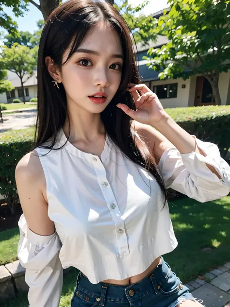 eye rolling, drooling, with tongues, saliva, open mouth, sweat, (cum:1.2), earring, narrow waist, black hair, large breasts, sweat, outdoor, cowboy shot, casual, blouse, white shirt, buttoned shirt, bare shoulders, collarbone, midriff, navel, shorts, 