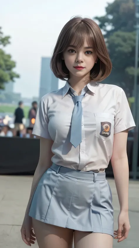 Emma Stone, solo, (uniform), standing, outdoors, (ultra wide angle shot: 1.4), beautiful scenery, detailed face, seductive smile, detailed eyes, thick breasts, smooth skin, tight white shirt, grey blue short skirt, looking at the audience, low angle shot,(...