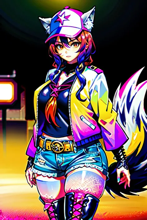 (best quality:2.0), (crisp:2.0), (highres:2.0), (((a rich yellow and pink gradient wolf tail:2.0))), anime, full body:2.0, (single image), (solo beautiful lady:2.0), (masterpiece:2.0), (detailed face:2.0), (detailed eyes:1.4), ((denim shorts:2.0)), ((thick...