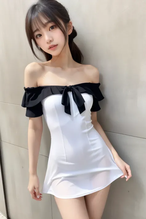  Young Japanese Women　 ponytail　 white ribbon　off shoulder　White one-piece dress　see-through　front