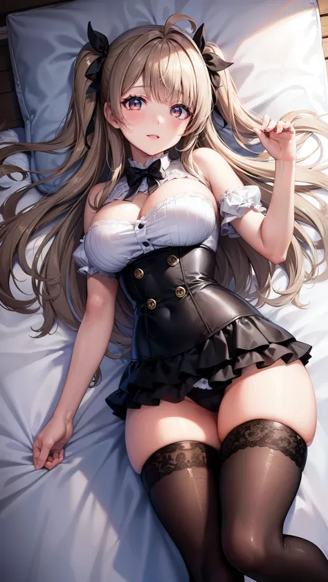 Minami Kotori, One side up, Hair Ribbon, masterpiece, top quality, high resolution, unity 8k wall paper, illustration, detailed eyes, extra detailed face, Highly detailed CG, glossy lips, light makeup, standing, corset, panties, thigh boots, necklace, sexy...