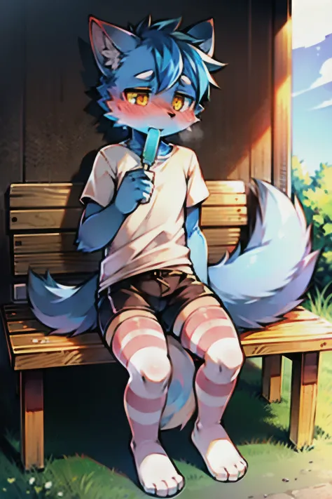 (high quality) blue cute Wolf boy, shy and embarrased, blushing, sitting on a bench and eating a popsicle, his Yellow eyes looking at the ground, his fluffy tail wrapped around his thigh, he's wearing short Black shorts and a white t-shirt, also warm pink ...